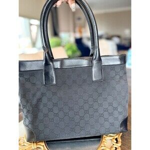 Gucci GG Canvas Tote Bag Black Leather Trim Shoulder Bag Fits Laptop